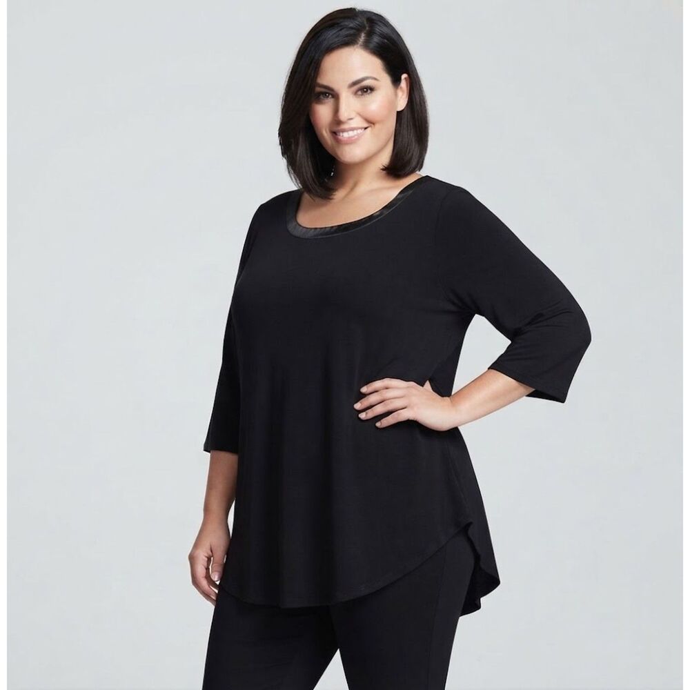 Alfani Top Xl Black Scoop Neck Satin Trim Rayon Knit Blouse Shirt